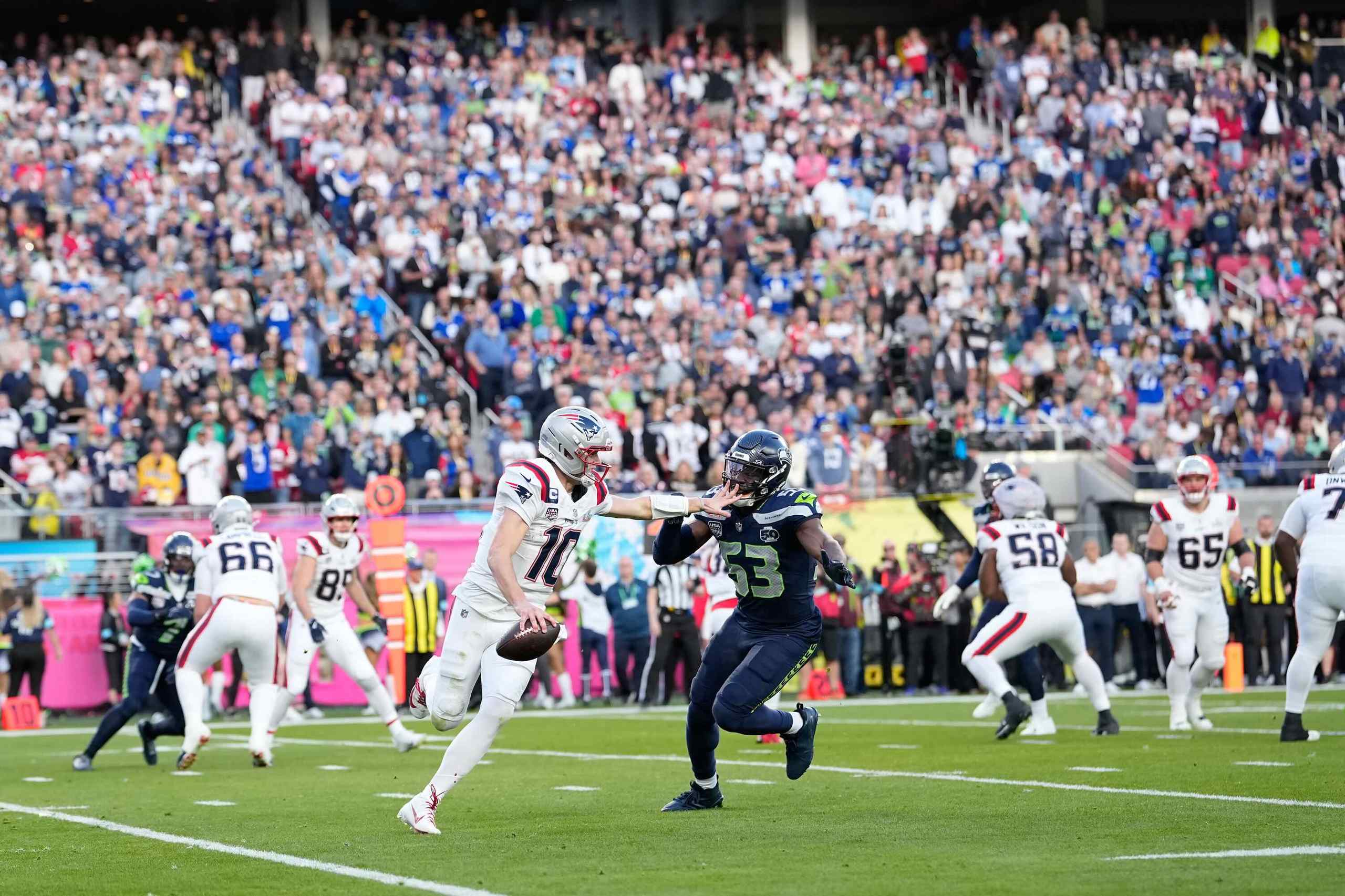 Super Bowl LX featuring the New England Patriots and Seattle Seahawks.